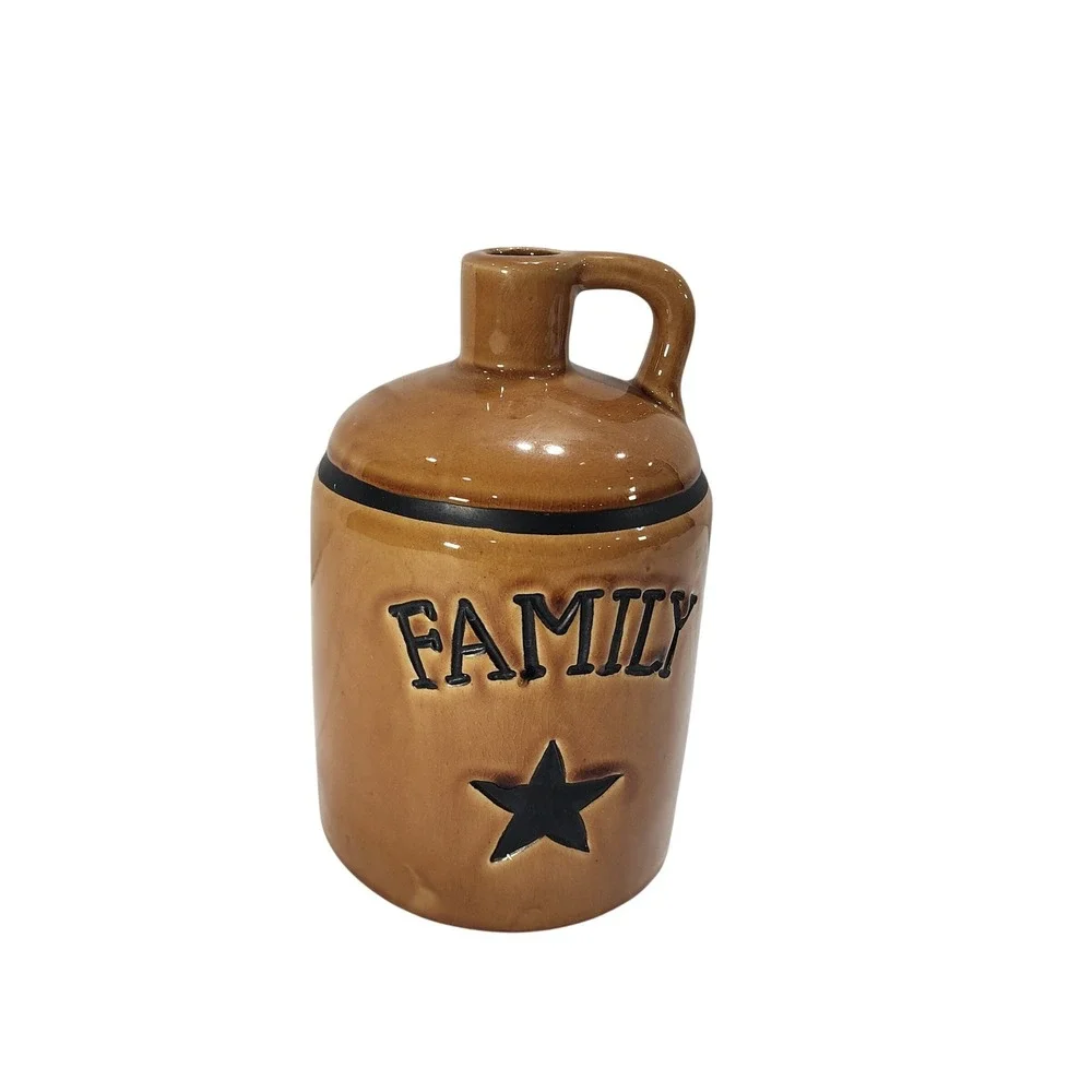 Kips Primitive Crackle Ceramic Jug Family Star Tan Rustic Farmhouse Decor 2009